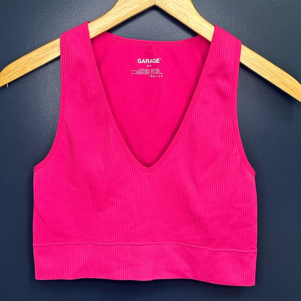 Garage Ribbed V-Neck Cropped Tank - Hot Pink